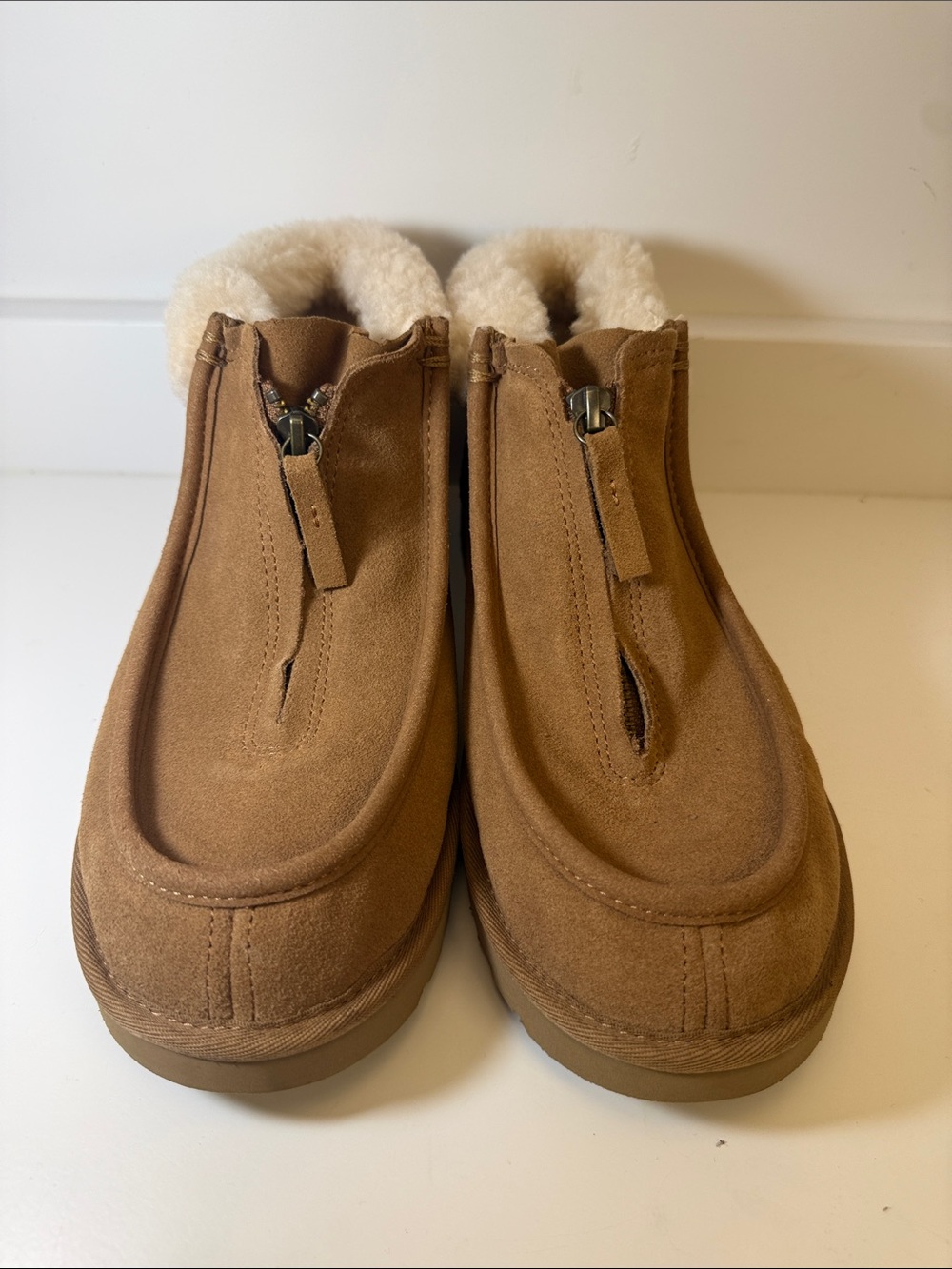 UGG Chestnut Suede Zip-Front Cuffed Shearling-Lined Boots - Size 9